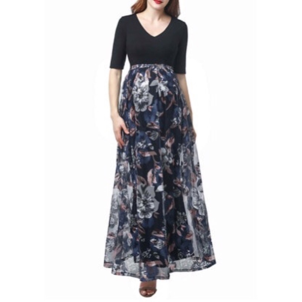 KIM AND KAI FLORAL PRINT EMBROIDERED MAXI DRESS
